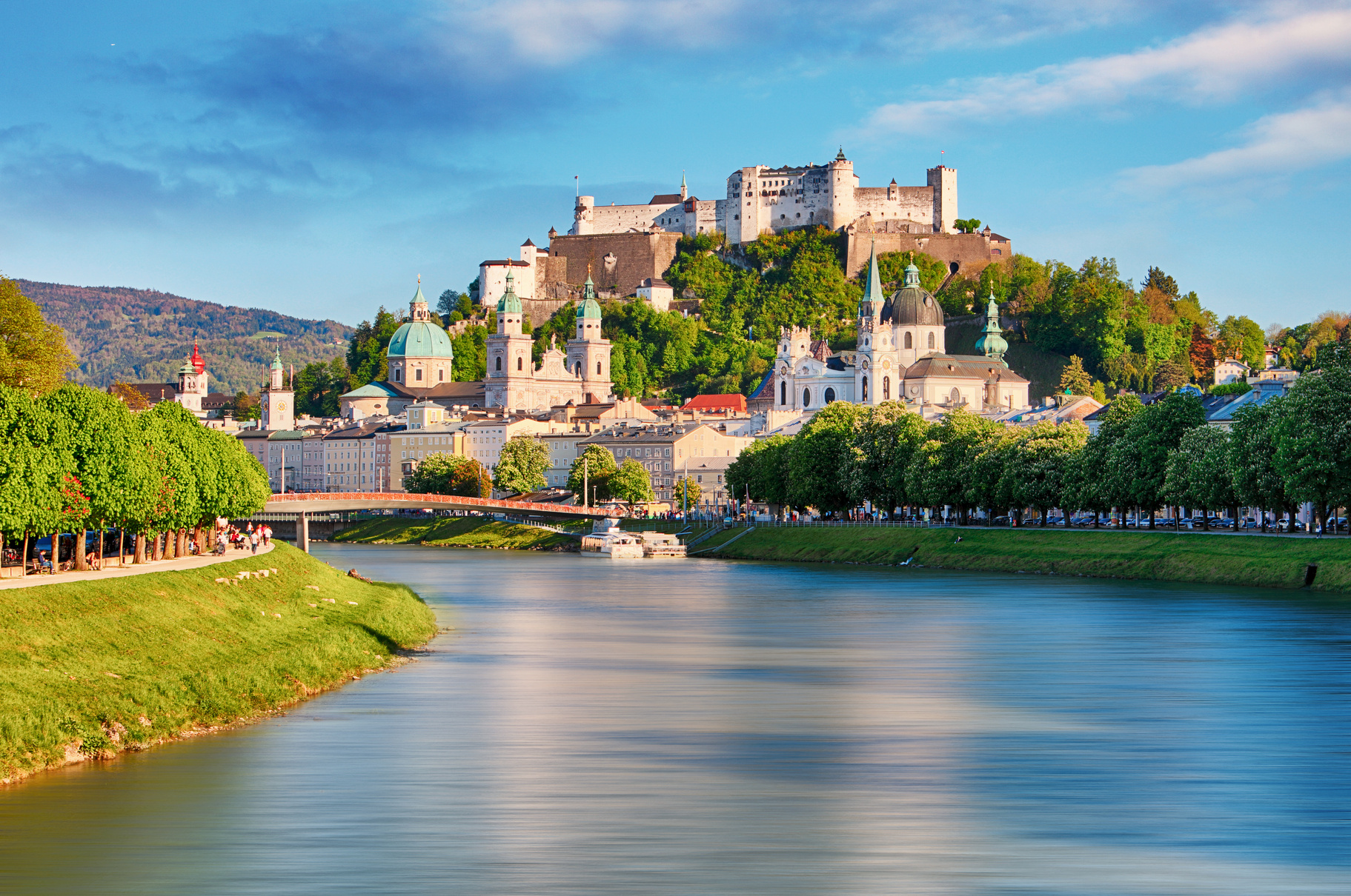 Panoramic view of Salzburg skyline with Festung Hohensalzburg and river Salzach, Salzburger Land, Austria