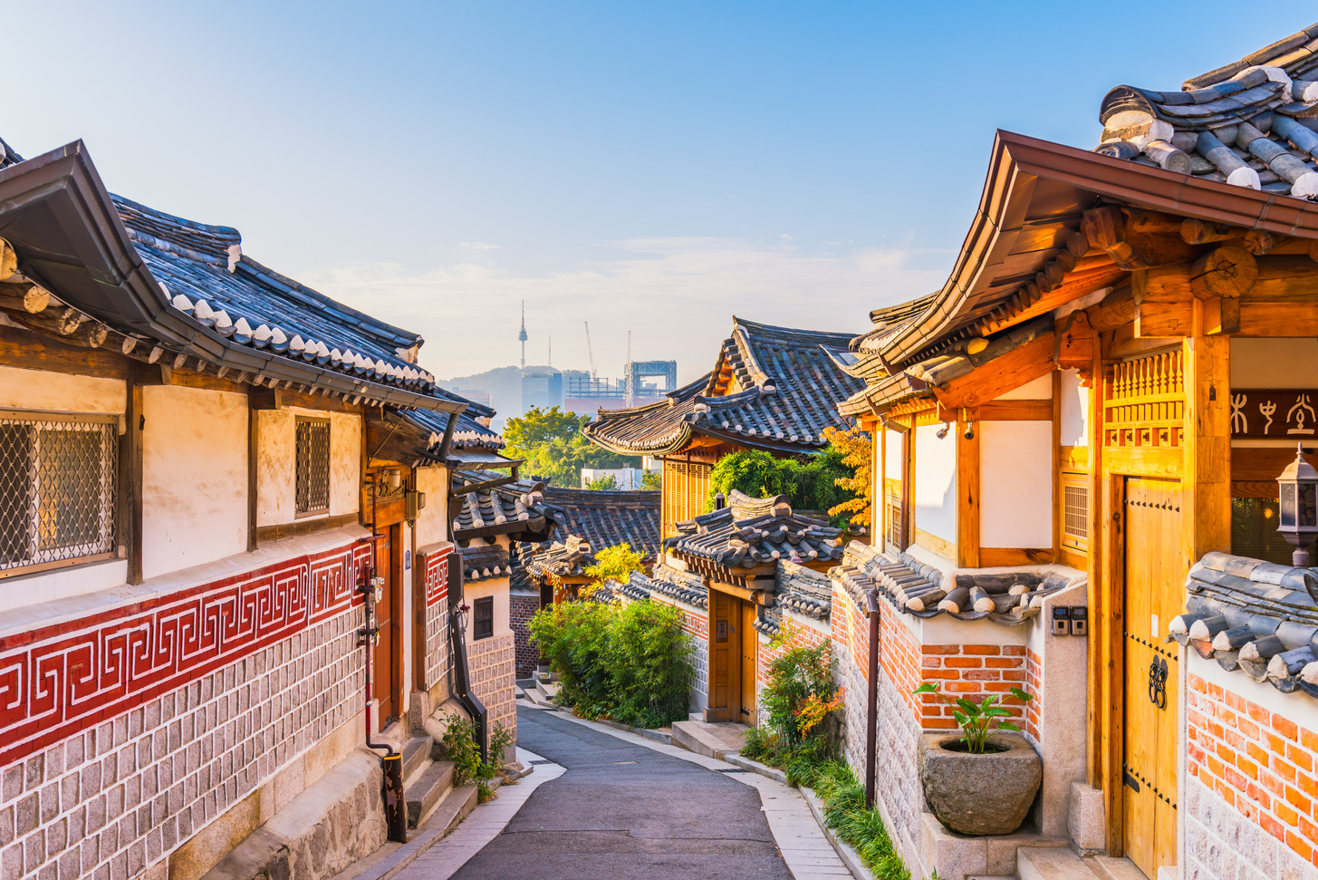 Sunrise of Bukchon Hanok Village in Seoul, South Korea.