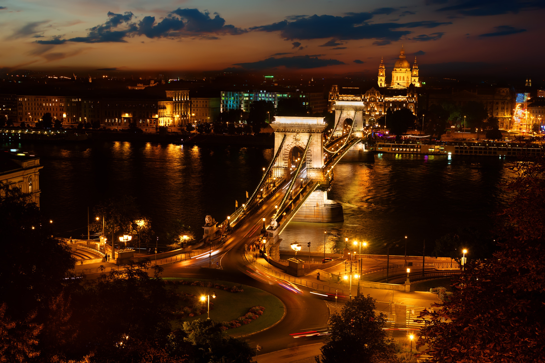 Aerial View of Szechenyi Chain Bridge at Night