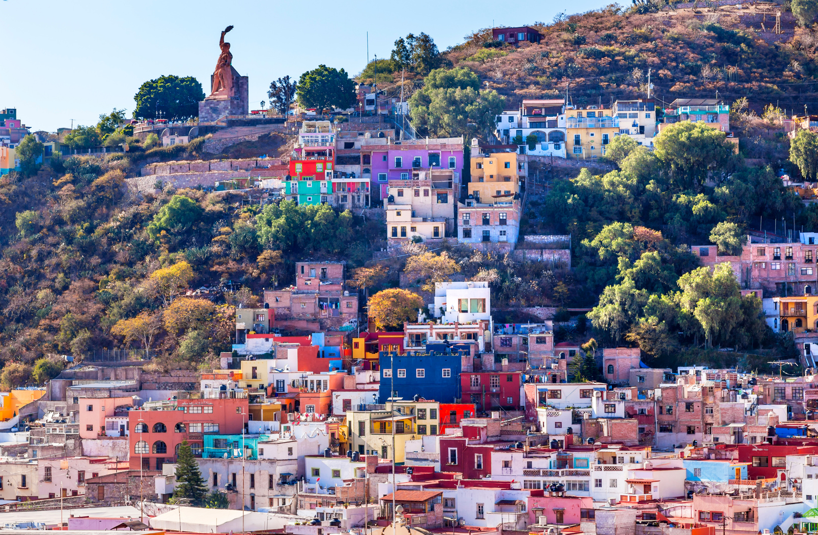 El Pipila Statue Many Colored Houses Guanajuato Mexico