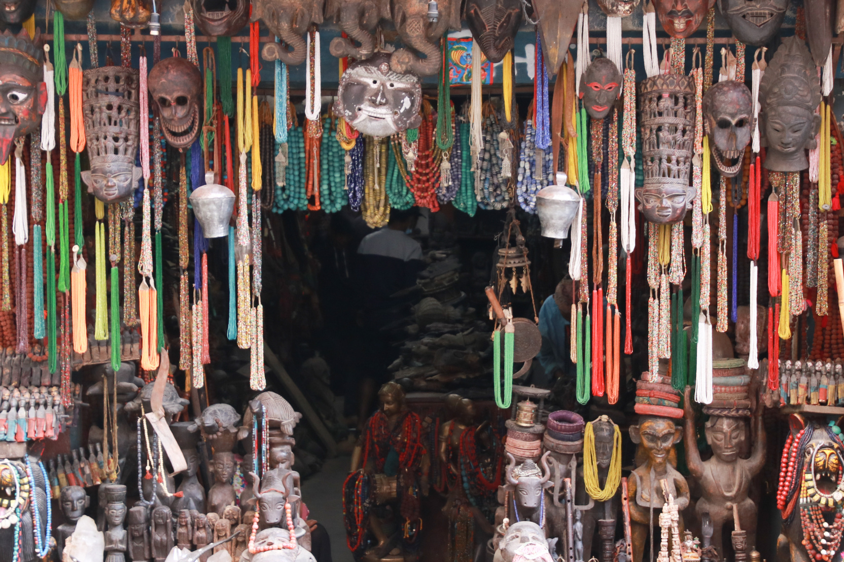 Thamel Kathmandu city, Nepal.Colorful Tradition wooden masks and handicrafts on sale at shop in the Thamel District of Kathmandu, Nepal