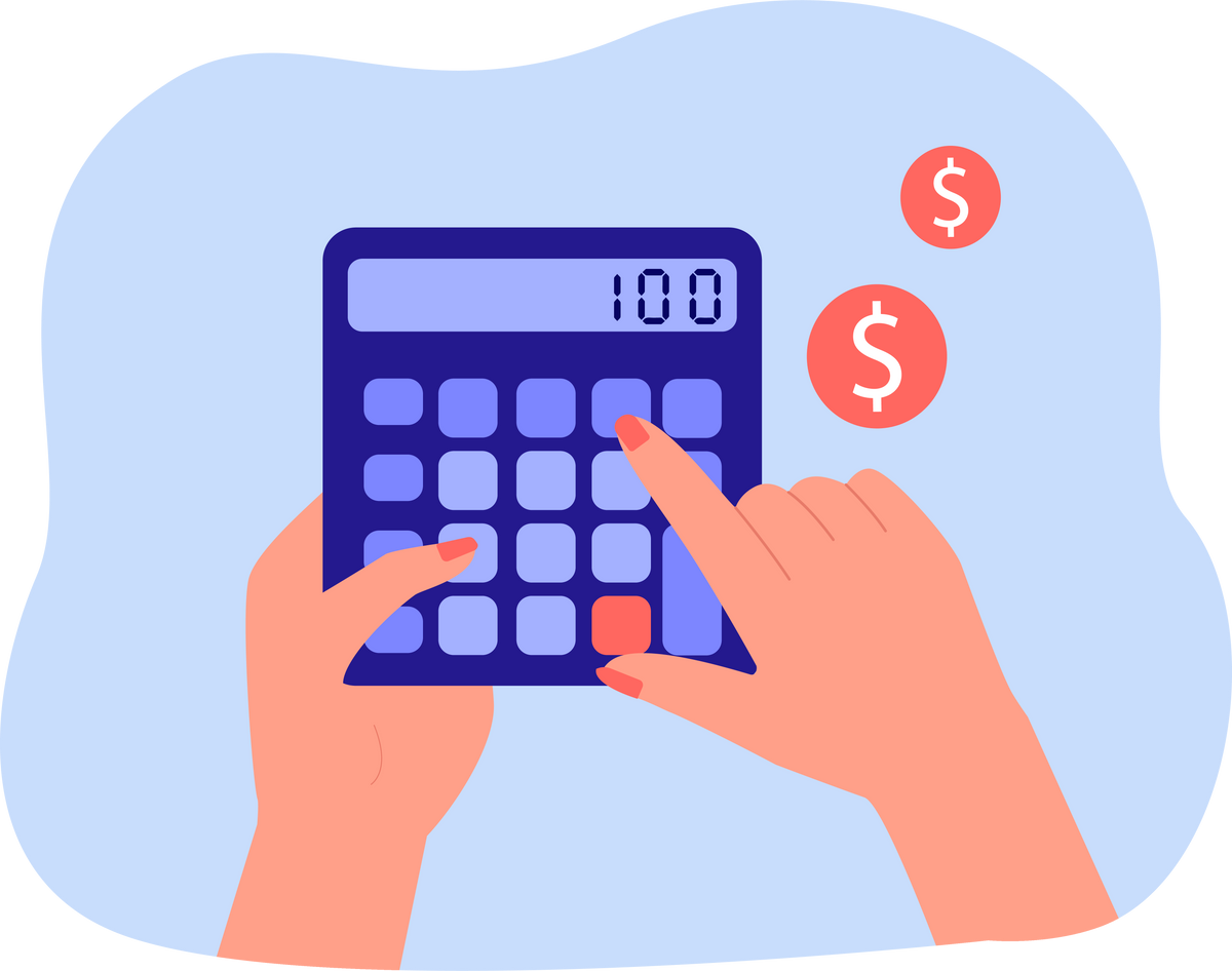 Finger pressing buttons on calculator. Person counting income, planning household or company budget flat vector illustration. Finances, calculation concept for banner, website design or landing page